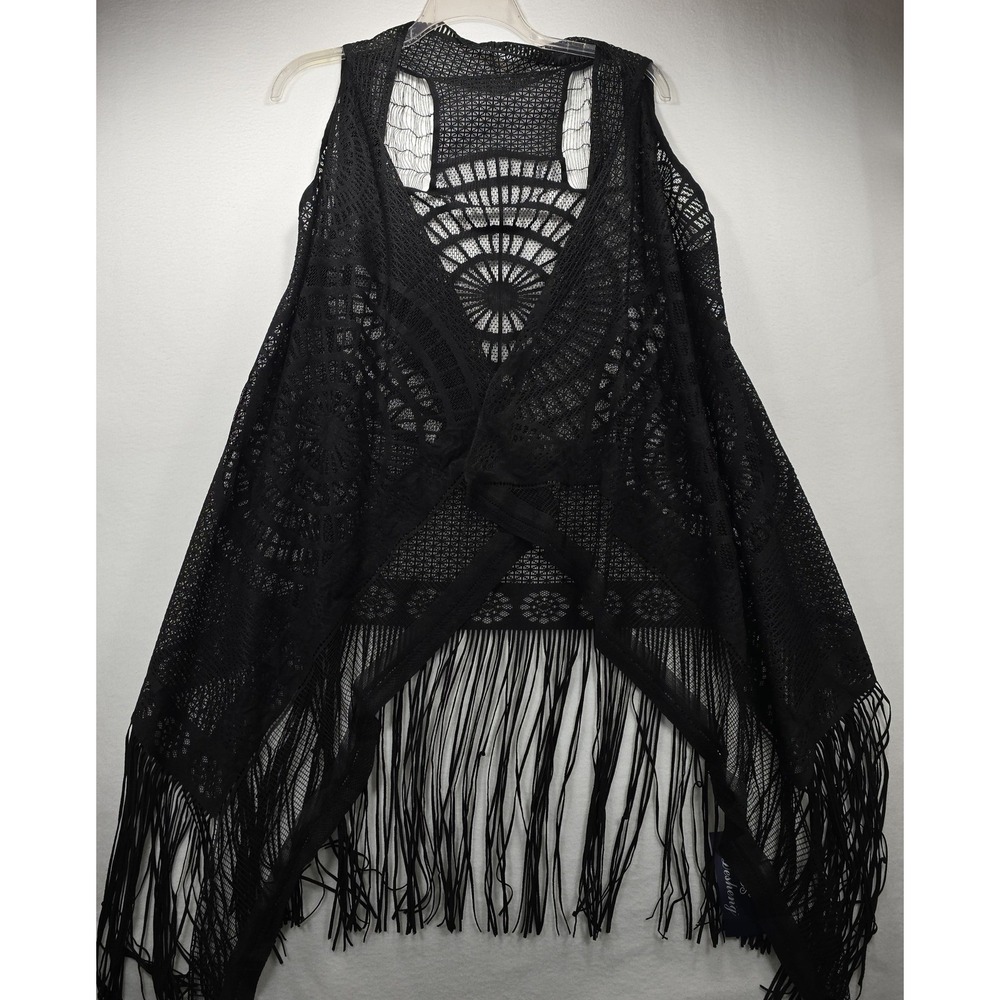 Desheng Black Crochet Lace Fringe Vest Open Front Boho Cover Up One Size NWT